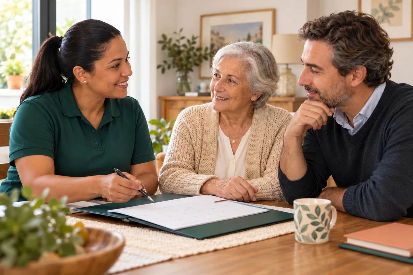 Conversa entre uma família e uma profissional para preparar um plano de apoio